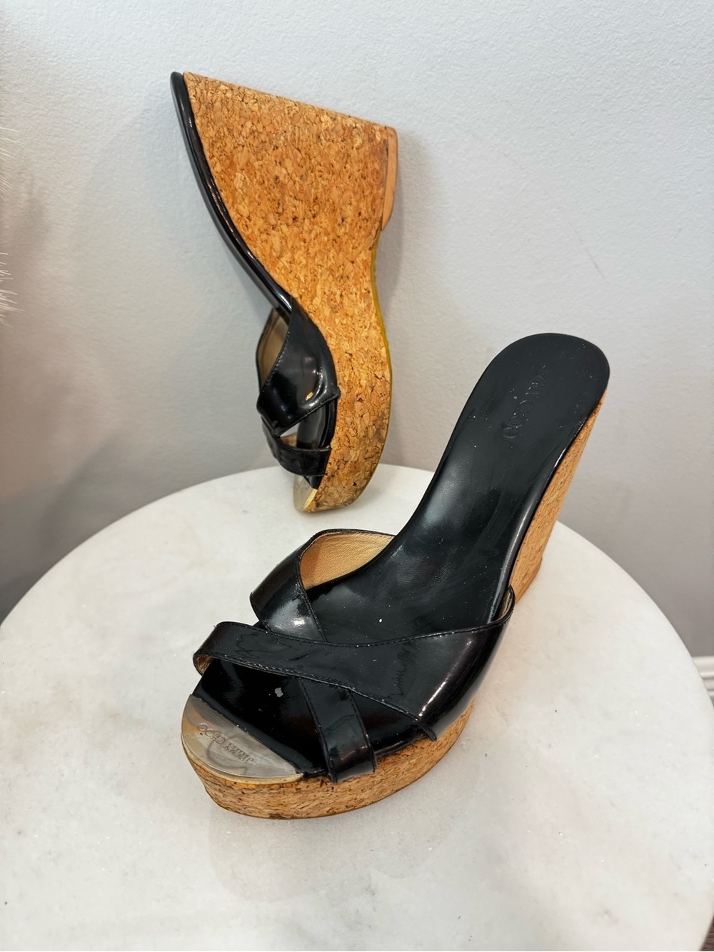 Jimmy Choo Black Patent Cork Wedge Slide Sandals Size 10